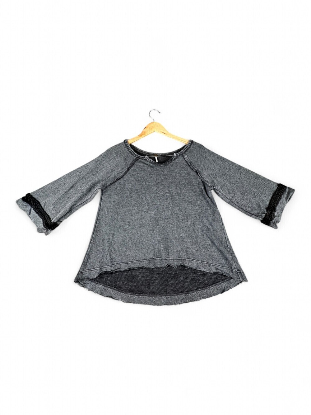 Free People Gray Waffle Scoop Neck Hi-Lo Tee Lace Trim XS